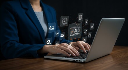 A businesswoman is working on a laptop with ai marketing icons floating above, indicating the use of artificial intelligence in digital marketing