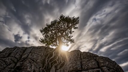 Create reflective calm via vertical K scene solitary tree clinging to rugged cliff moody clouds parting to reveal sunlight highlighting resilience peace inspirational