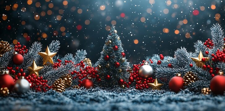 Festive Christmas tree with ornaments and berries red berries gold stars