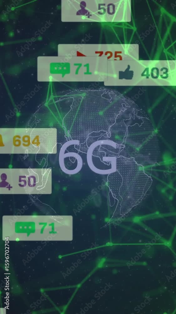 Wall mural 6g network connectivity animation over global map with social media notifications