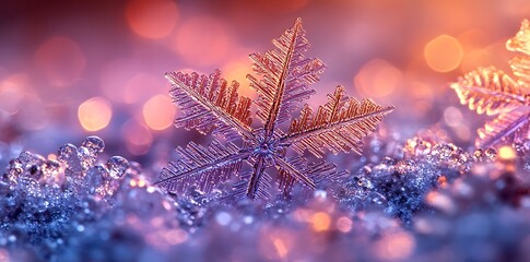 Intricate snowflake crystal with purple and orange bokeh macro winter