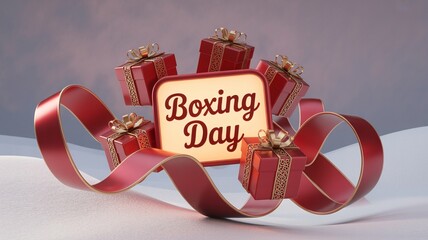 Boxing day, Christmas, Shopping Festive Boxing Day Celebration with Red Gifts and Ribbon Decoration