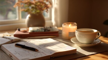 Desk with planner, candle and coffee cup in morning light