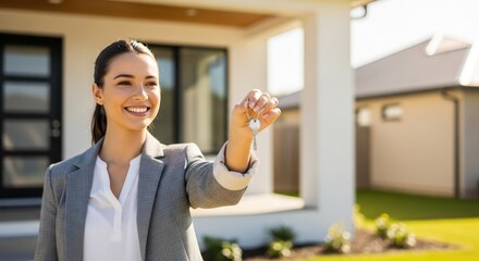 Smiling Real Estate Agent Holding Keys to New Suburban Family Home