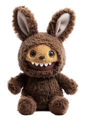 Fototapeta premium A fluffy brown plush toy creature with rabbit ears and a wide, toothy smile, isolated on a transparent background