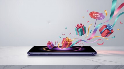 Boxing day, Christmas, Shopping Smartphone with Floating Gifts and Limited Time Offer Promotion Concept