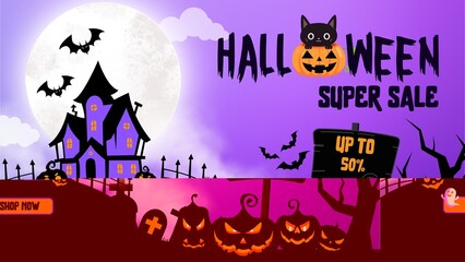 Black and Purple Illustrative Halloween Super Sale Facebook Event Cover 