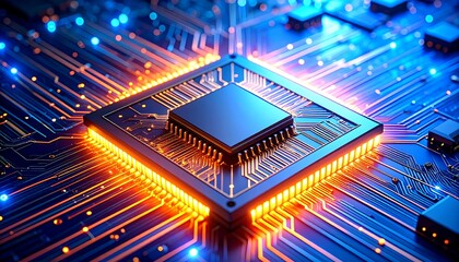 High-tech CPU on circuit board, glowing orange/blue