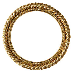 Vintage gold circular frame with twisted rope edging and dimensional highlights, angled slightly and isolated on transparent white background. --v 7.0 --s 250 --raw