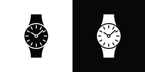 Black and white minimalist watch icons, analog wrist watch, stylish timepieces