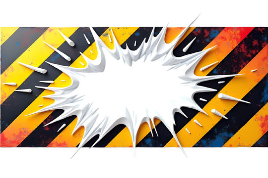 Comic style explosion banner with caution stripes and paint splash effect