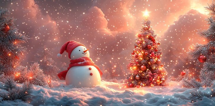 Festive snowman and decorated tree in snowy wonderland christmas tree winter