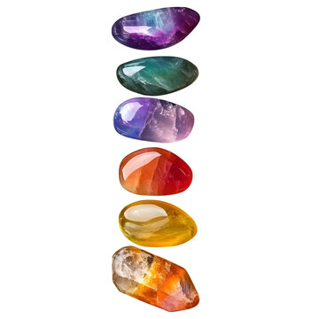 Seven colorful chakra stones aligned in a column, representing spiritual balance and healing isolated on transparent background.