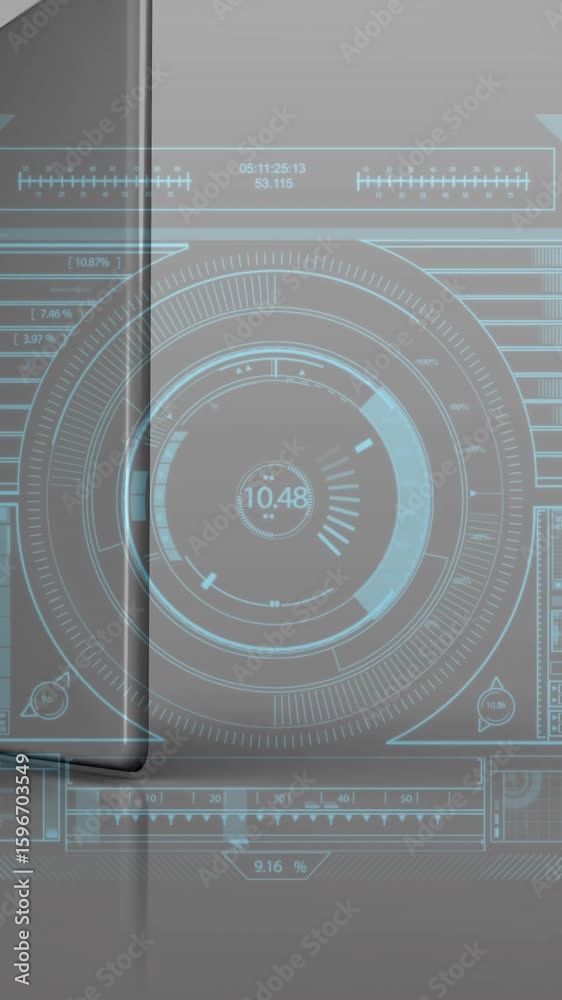 Poster futuristic digital interface with rotating globe and data charts animation
