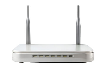 A white wireless internet router with two antennas, providing reliable network connectivity isolated on transparent background