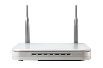 A white wireless internet router with two antennas, providing reliable network connectivity isolated on transparent background