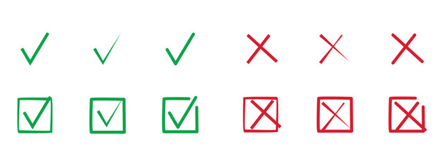 Check tick mark icon set vector. Cross check mark icon isolated on white.
