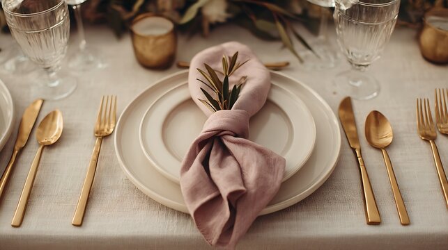 Elegant dining setup with folded napkin and gold cutlery