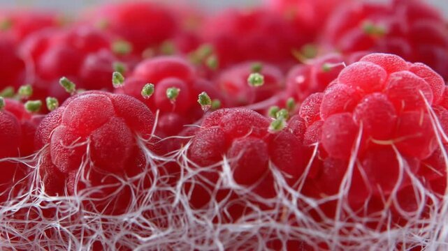 Close-up of raspberries with white, thread-like structures growing around them.