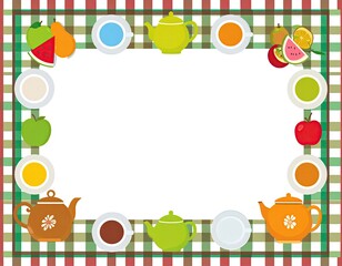 Tabletop still life vector with tea set, fruit, and vase — objects isolated as separate vector groups — central placemat area left empty for quote or label design