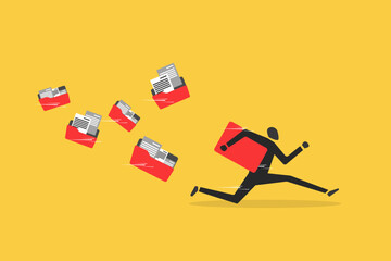 Businessman holding big  files folder, concept of Communication problem or overload, too many folders