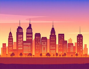 Urban skyline at sunset — flat color vector art with gradient sky and simple building outlines