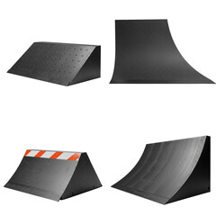Set curb ramp plate. Various black ramps in different shapes and sizes isolated on transparent background 