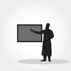Muslim Teacher Silhouette Vector – Islamic Educator in Traditional Dress Teaching at Whiteboard