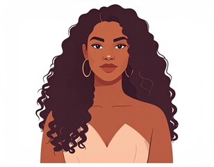 Vector portrait of a young woman with natural curls and a calm expression, stylized in flat mid-tone color blocks with minimal shading — modern editorial style