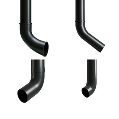 Set rainwater downpipe. Black plastic drain pipes in various shapes and angles isolated on transparent background