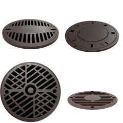 Set manhole cover. Round drainage covers with various designs and patterns isolated on transparent background 