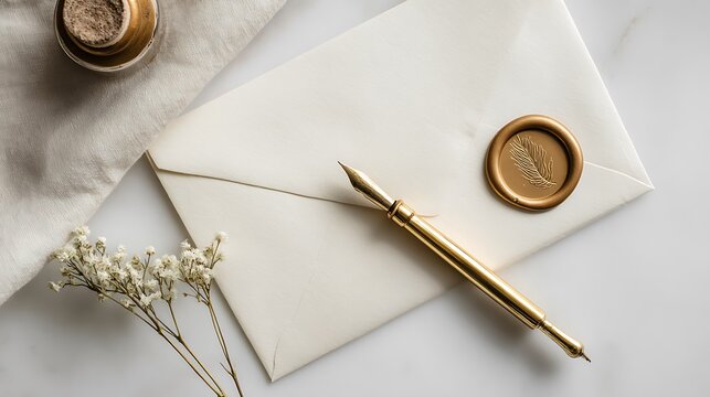 Elegant flat lay of stationery with golden pen and wax seal