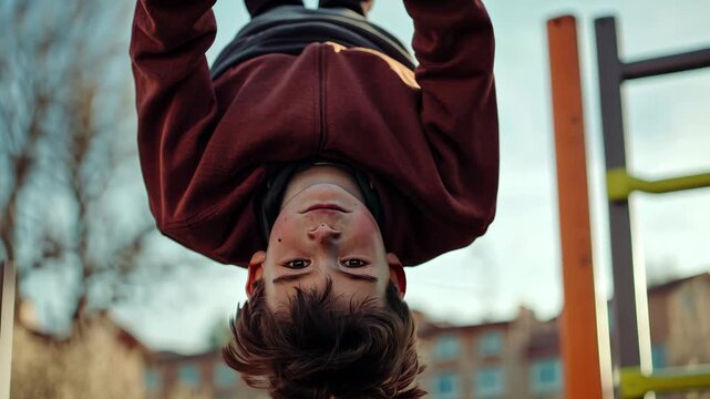 Teenager boy playing on playground equipment while hanging upside down on a sunny day, Teenager kid boy alone on playground for children hang upside down on a bar