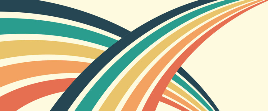 Fototapeta Abstract colorful 70s background vector. Vintage retro wallpaper with rainbow stripes and wavy lines.