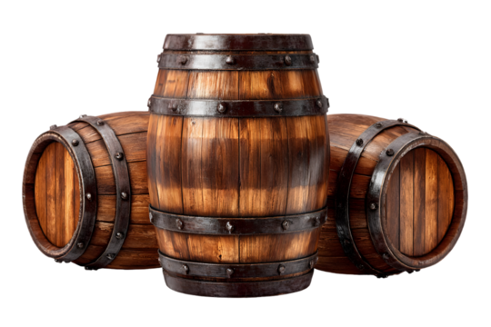Vintage wooden barrels with metal bands arranged closely together