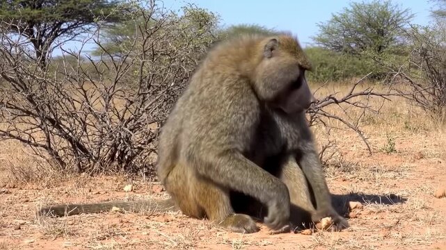 Majestic Baboon in African Savanna: Grooming and Relaxed Moments