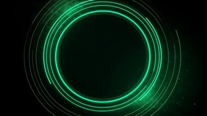 Multiple concentric glowing green circles animate against a dark background. - Powered by Adobe