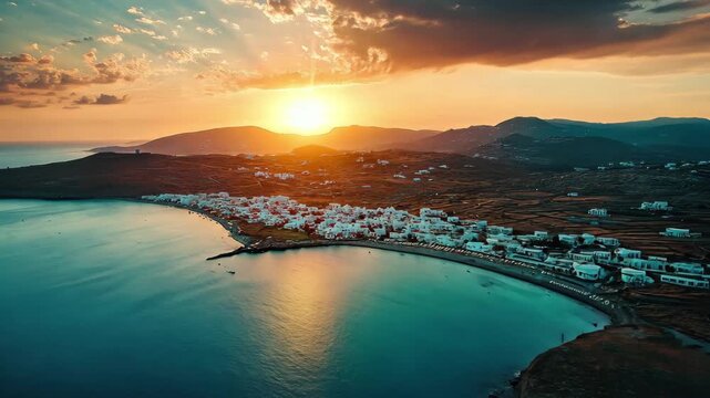 Beautiful sunset over Paros Island highlighting stunning coastline and serene waters, Summer holidays and vacation on greek island Paros Sunrise aerial panorama