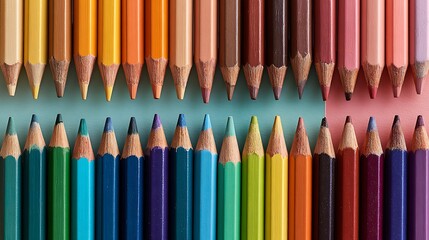 Flat lay of artist pencils aligned by color hue