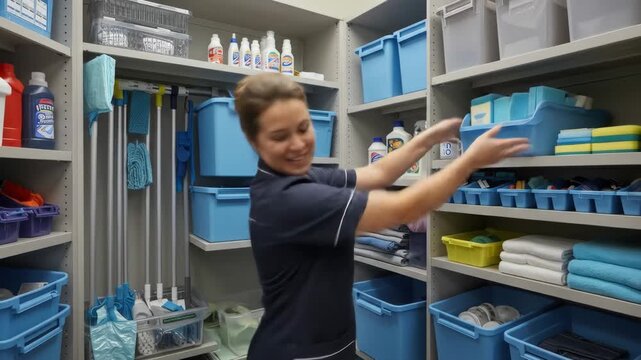 Organized Cleaning Supply Closet - A woman in a navy blue uniform organizes cleaning supplies in a well-organized closet.