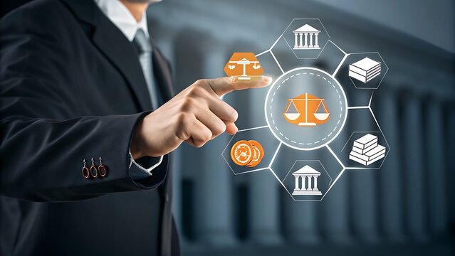 Businessman Interacting with Virtual Legal System: Representation of Regulations, Finance, Legislation, Books, and a Courthouse.