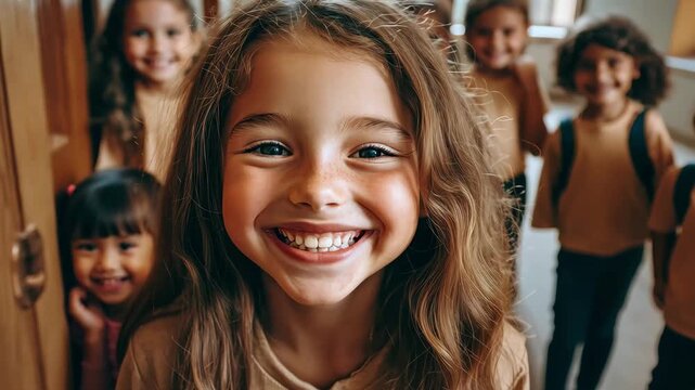 Happy diverse group of children smiling together in school hallway during educational activity, Portrait of happy diverse group of children in school hallway
