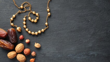 Gold beaded necklace with dates and nuts on a dark surface.