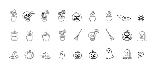 collection of doodle style halloween icon likely part of an icon pack or set of illustration skulls and various halloween element