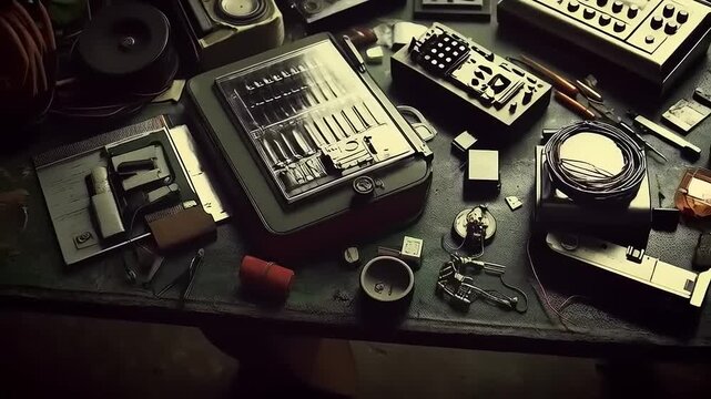 Synthesizers and audio equipment arrangement, flat lay composition for music production