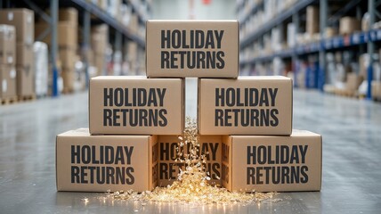 Boxing day, Christmas, Shopping Holiday Returns Boxes Stacked in Warehouse with Sparkling Confetti Detail