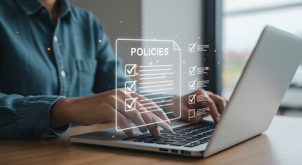 A person is typing on a laptop with a digital overlay of a policies document and checklist, symbolizing compliance