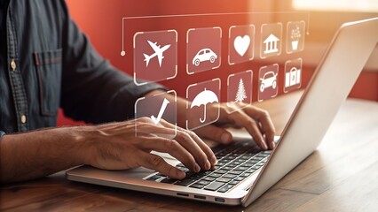 Choosing Essential Services Online: Man Typing on Laptop with Icon Overlay Representing Lifestyle Benefits and Planning.