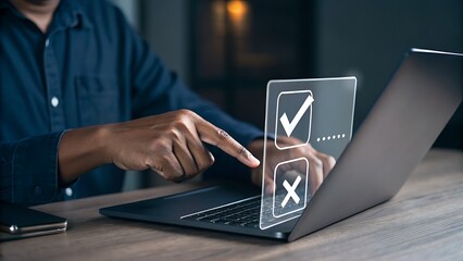Choosing Online Options: Man Interacting with Digital Interface on Laptop for Decision Making, Highlighting Choice and User Experience.