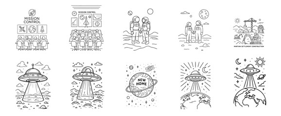 Obraz premium hand drawn collection of hand drawn illustrations of people , space station , rocket vector illustration